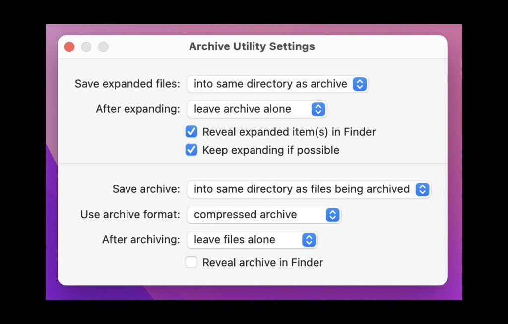 پنجره تنظیمات Archive Utility