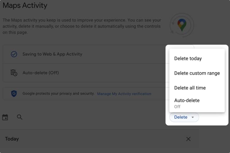 انتخاب گزینه Delete برای پاک کردن سابقه جستجوی گوگل مپ