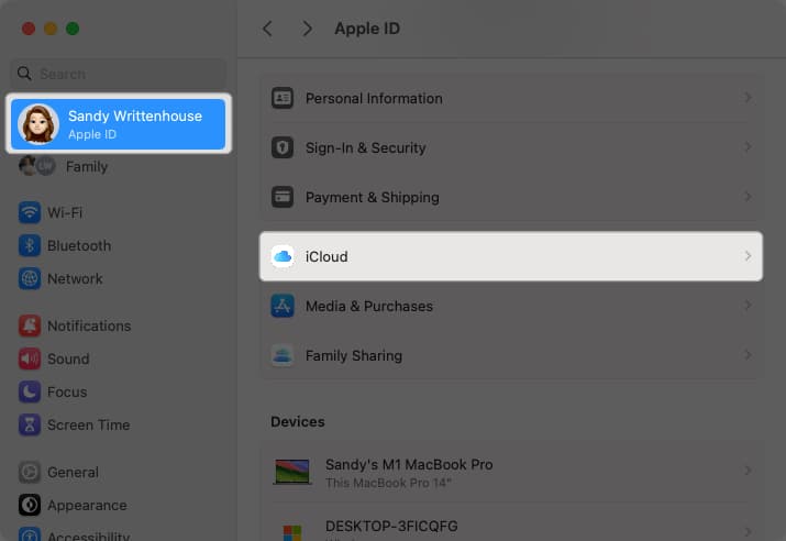 برای انتقال اطلاعات سافاری از مک به آیفون، بر روی Apple ID کلیک کنید